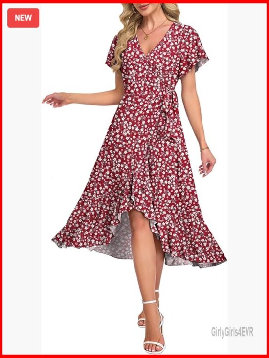 Dresses & Skirts - Women Wrap Midi Dress V Neck Flutter Sleeve Flowy Ruffle Slit
